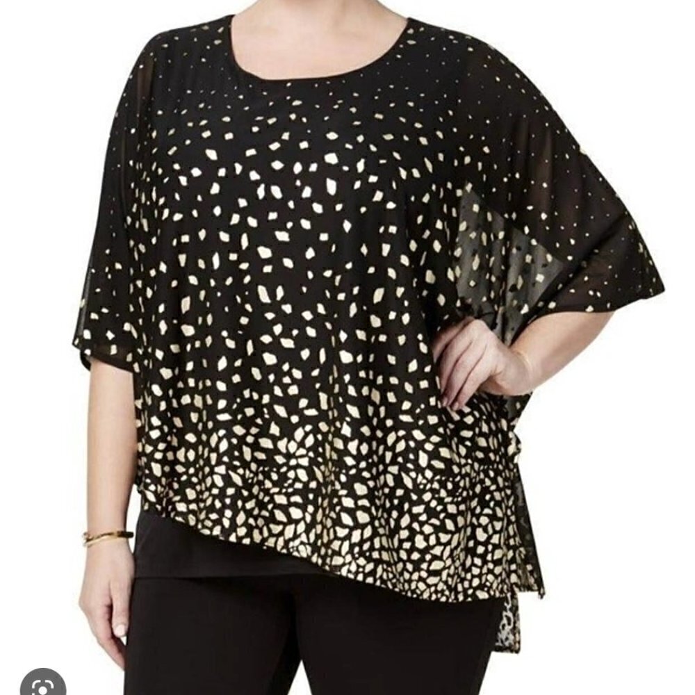JM Collection Batwing Asymmetric Blouse Black Gold